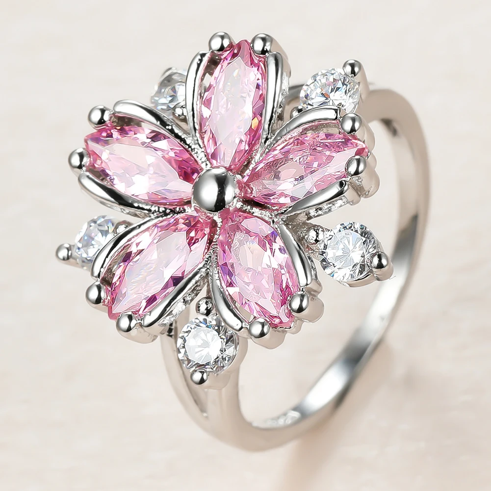Korean Fashion Pink Crystal Stone Rings for Women Charm Silver Thin Wedding  Ring Dainty Bride Flower Zircon Engagement Ring - AliExpress