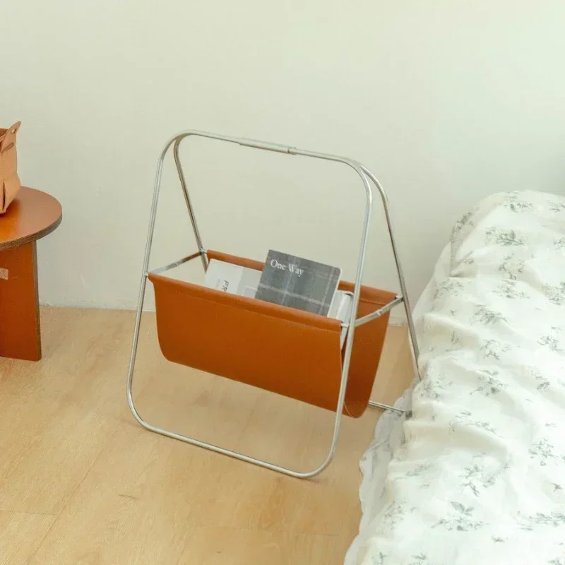Vintage Light Luxury Leather Magazine Shelf Stainless Steel Foldable Bookcase MidCentury Design Living Room Storage