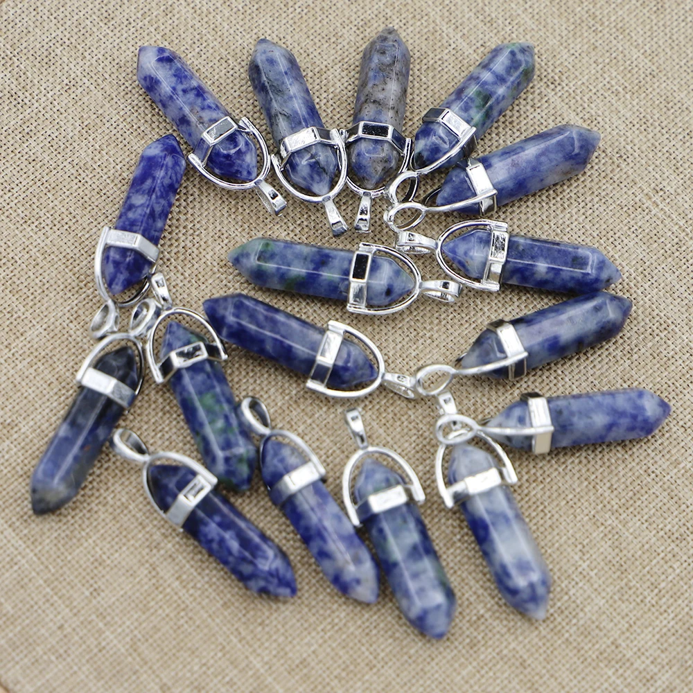 Hot Selling Natural Stone Sodalite Hexagonal Pillar Pendants Column Female Charms Necklace for Women DIY Jewelry Making 24Pcs