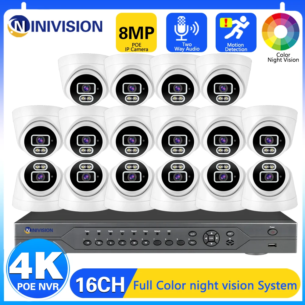 4K 16CH CCTV System POE NVR Spotlight Dome Color NightVision AI Motion Detection H.265 Video Surveillance IP Security Camera P2P