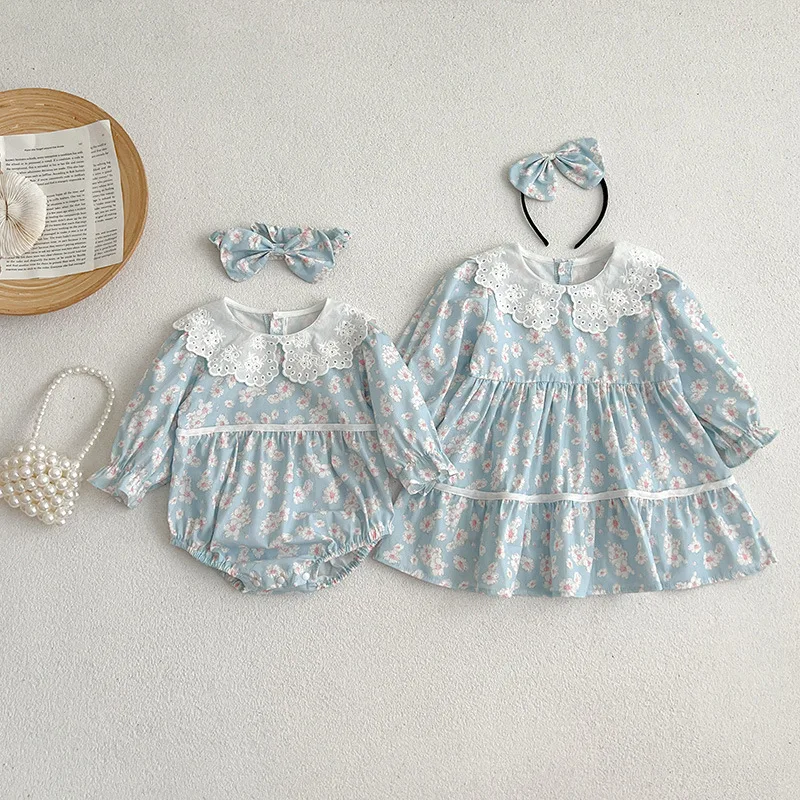 

Newborn Twins Clothes Toddler Girl Big Collar One Piece Dress Infant Newborn Floral Long Sleeve Bodysuit Sister Matching Outfit