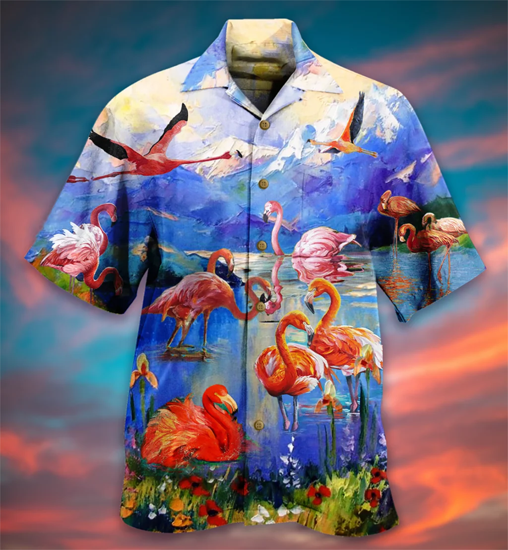 Summer Hot Selling Hawaiian Men's Shirts 3D Cartoon Flamingo Men's Shirts Beach Plus Size Funny Fashion Short Sleeve Plus Size
