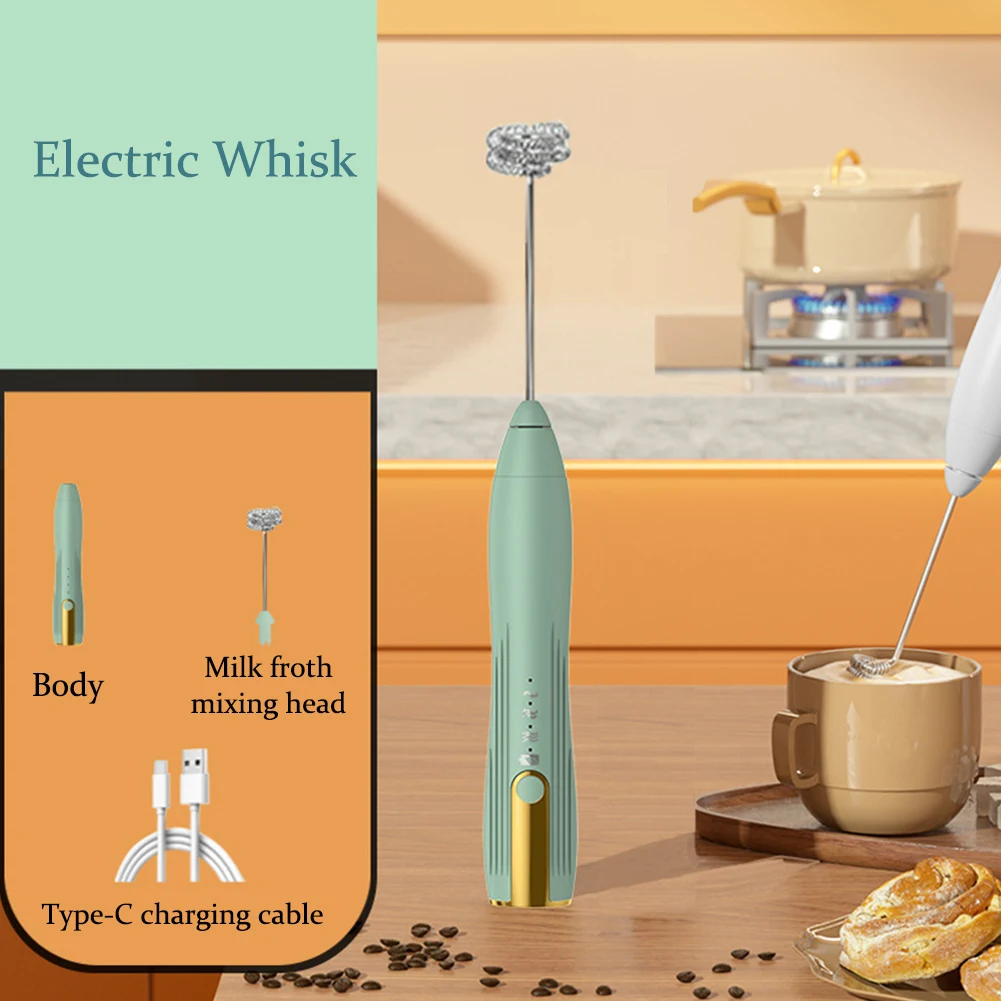 Electric Egg Beater 3 Speeds Mini Stirrer Whipper Stainless USB Rechargeable Adjustable 1500mAh with TYPE-C/Mixing Head Wireless 5
