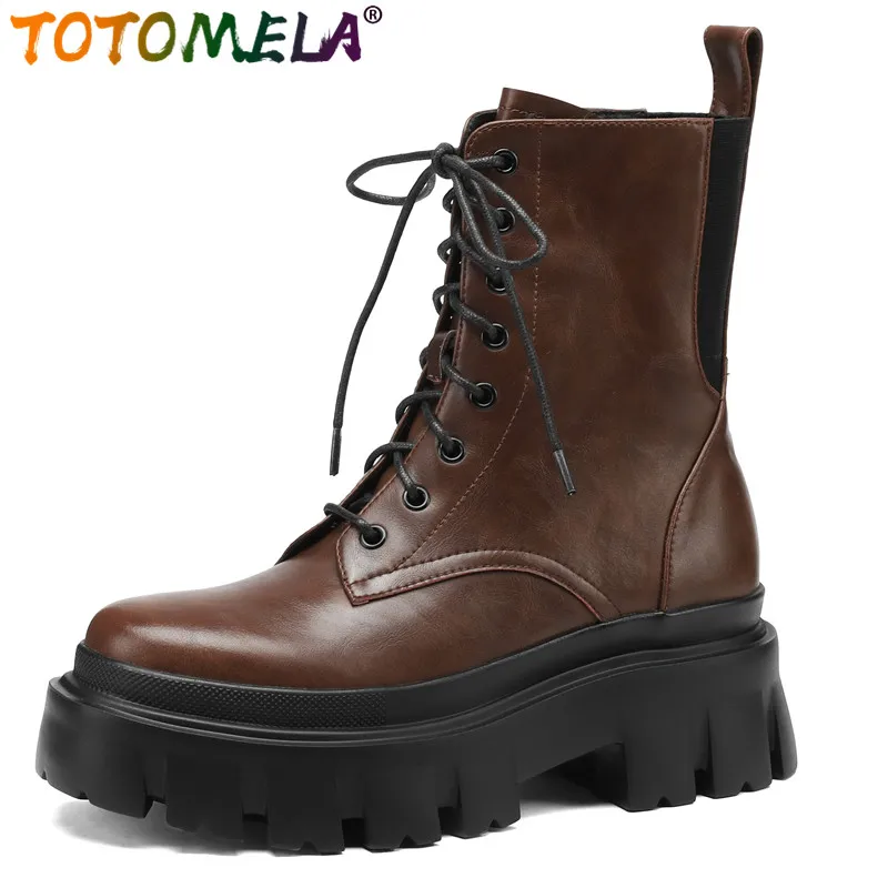 

TOTOMELA 2024 New Genuine Leather Lace Up Winter Boots Square Med Heels Ankle Boots Ladies Vintage Platform Martin Boots