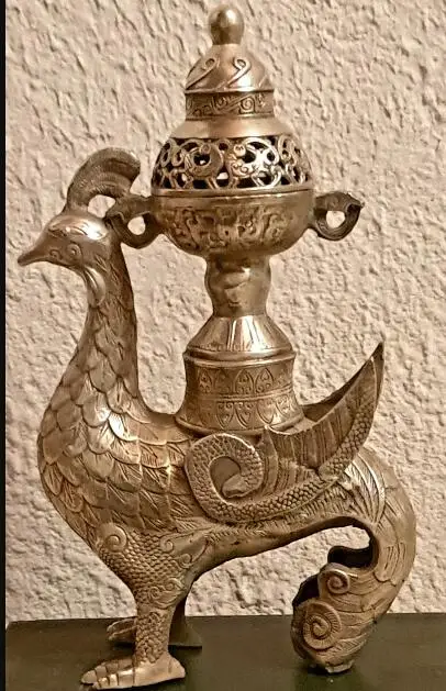 

10" Chinese Dynasty Palace Silver Phoenix Zun Pot Statue incense burner Cense