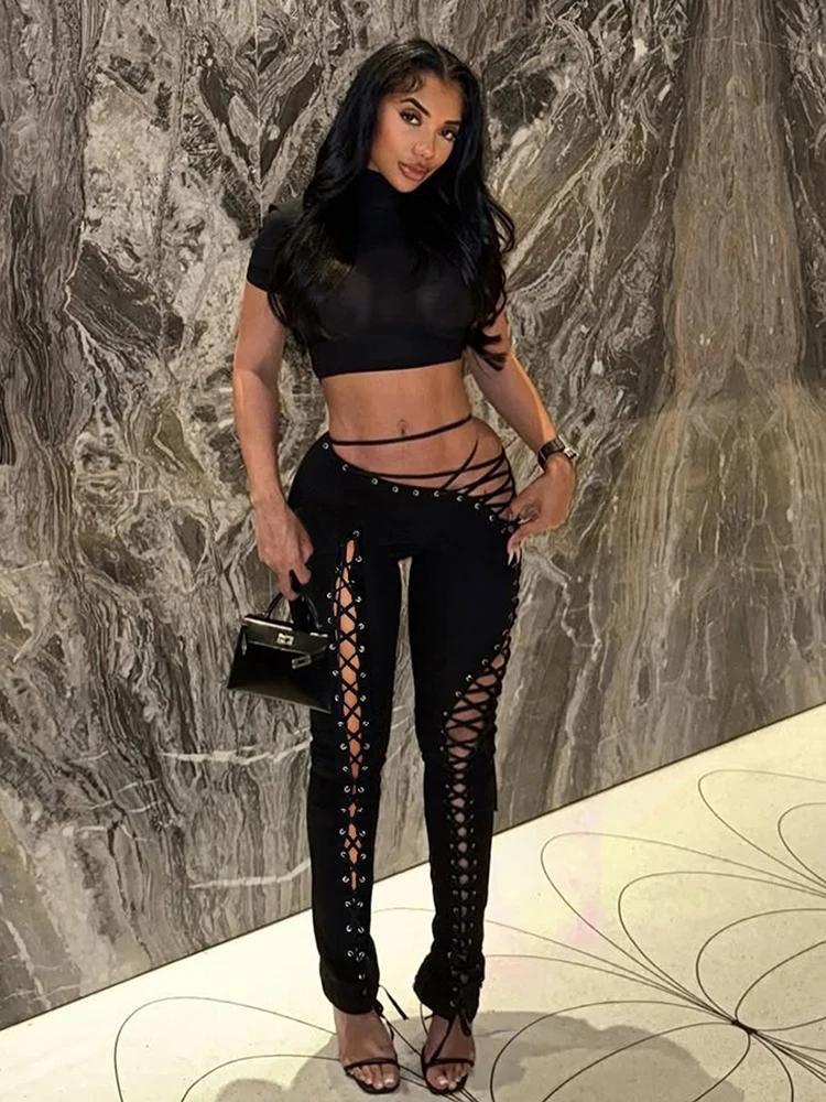 Nibber Sexy 2piece Set Women Hipster Halter Camisole+Shirring Hollow Pants Midnight Matching Stretch Clubwear Coquette Outfits