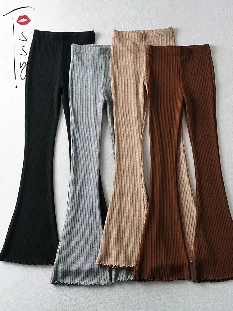 

Tossy Solid Knitted High Waist Flare Pants For Women Ribbed Casual Leggings Female Stretchy Bodycon Trousers Fashion Streetwear