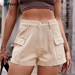 Women American Retro Sexy Streetwear Solid Denim Shorts Summer Trendy Female Elastic Waist Casual Straight Pockets Short Pants