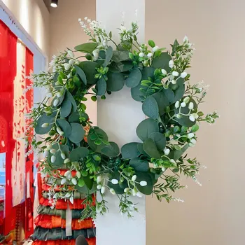유칼립투스 잎 용수철 화환, 인공 녹색 화환, 전면 문짝 벽 농가 장식, 가정 장식, 1pc 상품 이미지