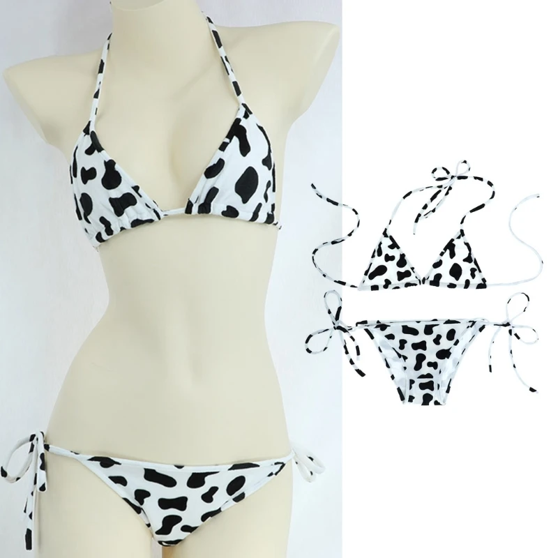 Womens Bikini Set Japanese Style Cute Milk Cow Dotted Mini Bikini Sets Underwear Halter Neck Bras Top with Briefs Panty 4