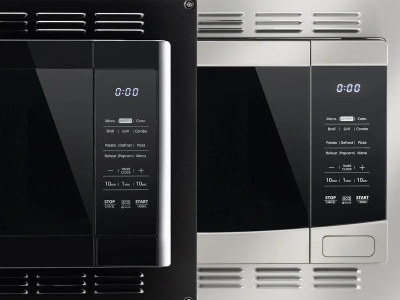 Black and stainless steel microwave.