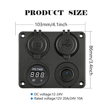 3.1A 4.2A 듀얼 USB 차량용 충전기 12V 24V LED 전압계 ON/OFF 토글 스위치 시거잭 소켓 (자동차, 보트, RV, 트랙용)