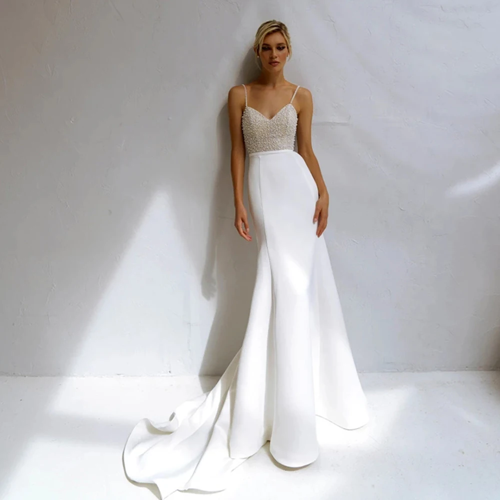 

Sparkling And Back Beaded Pearl Sheath Mermaid Wedding Dresses Spaghetti Straps Sweatheart Satin Bridal Gowns Robe For Women