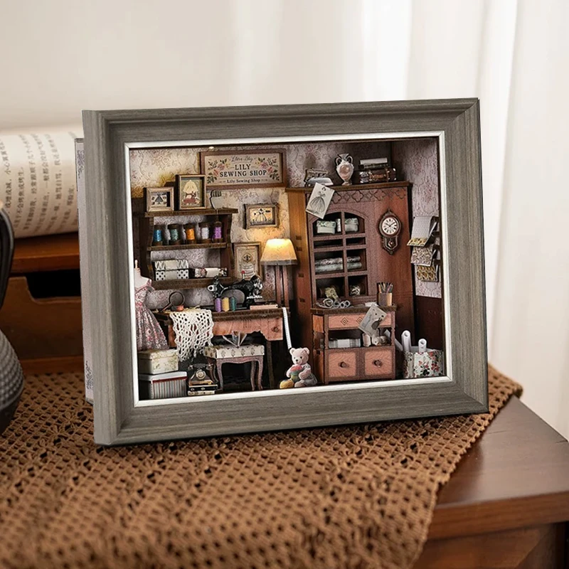 LED 조명이 있는 DIY 인형 집 책장 삽입 수제 3D 퍼즐 나무 미니 인형 집 사진 액자 장식 크리스마스 선물용