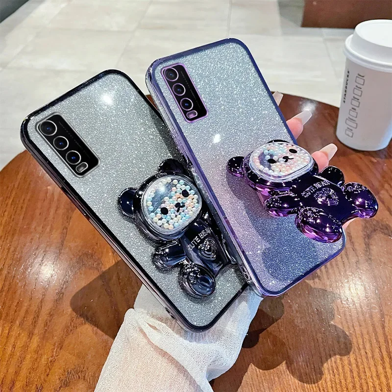 Silicone Bling Electroplated TPU Case with Bear Stand and Glitter Design