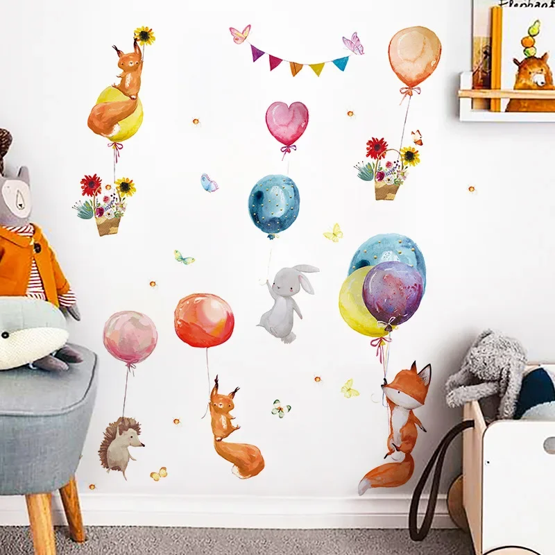 

Cartoon Colorful Balloons Animals Wall Stickers for Kids Room Baby Nursery Room Decoration Wall Decals PVC Fox Bunny Stickers