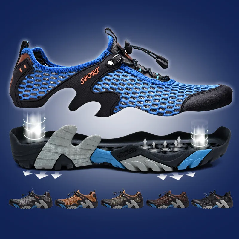 

Summer Breathable Mesh Sneakers Trekking Men Outdoor Non-slip Hiking Sports Shoes Men Elastic Band Travel Walking Shoes Size 46