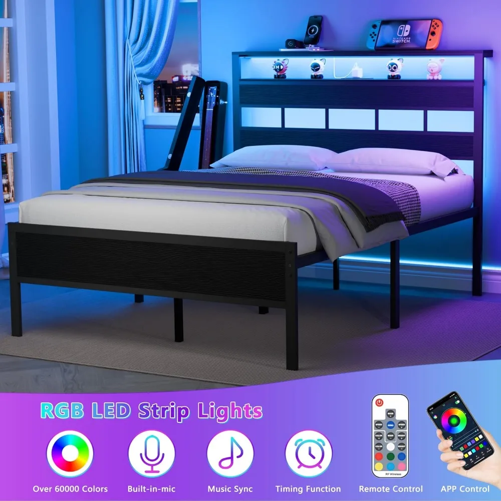 Bed Frame with LED Light and Charging Station, Wood Storage Headboard with 2-Tier Shelves, Metal Platform Bed 3