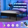 Bed Frame with LED Light and Charging Station, Wood Storage Headboard with 2-Tier Shelves, Metal Platform Bed 3