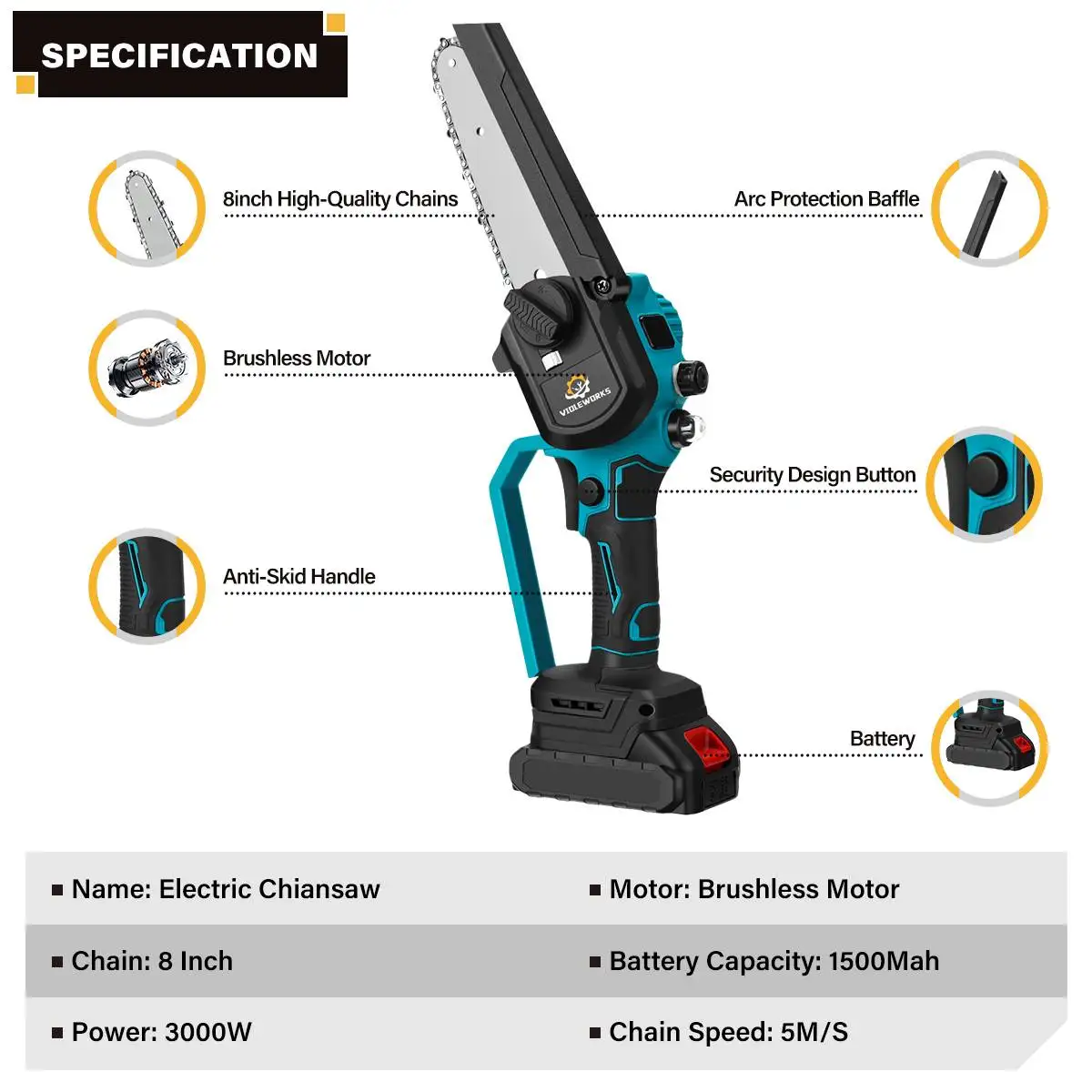 3000W 8inch Electric Chainsaw Cordless Brushless Motor Oil Auto Fillment Chain Saw Rechargeable for Makita 18V Battery