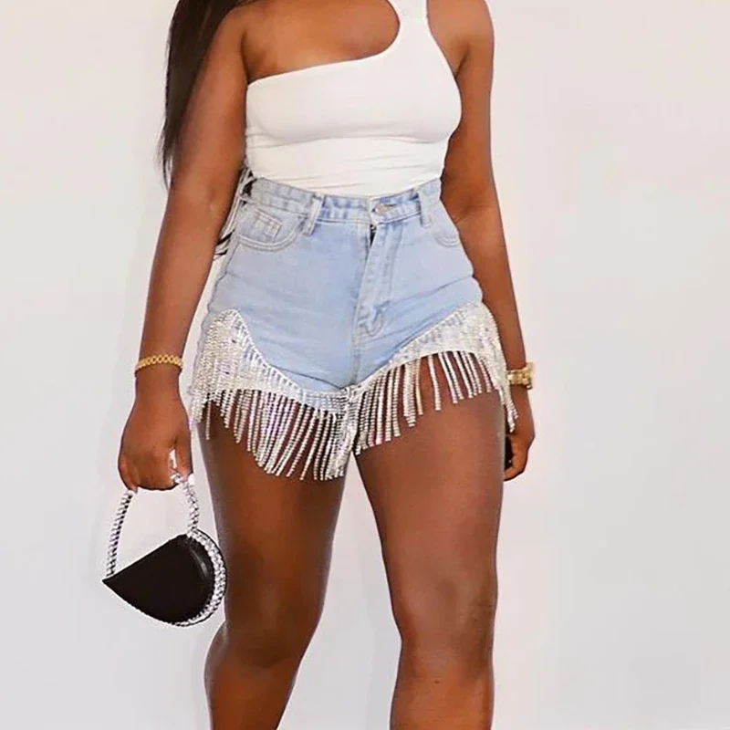 Plus Size Sexy Women's Denim Shorts High Waist Stretch Solid Color Fringe Tassel Beading Short 2024 Summer New Fashion