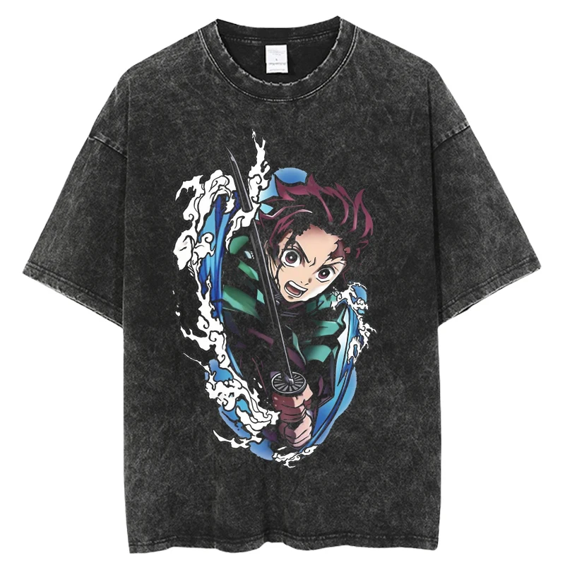 

Футболка Kimetsu no Yaiba в стиле японского аниме, женская футболка, черный топ унисекс с коротким рукавом и потертостями