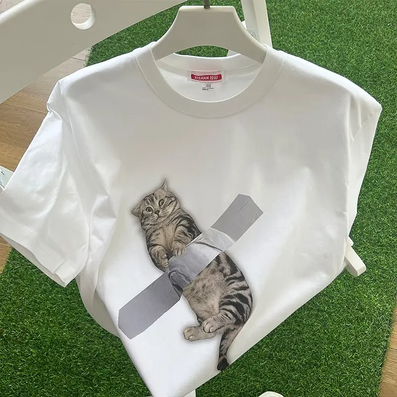 

Original tape short cat pure cotton digital direct injection heavy loose version short-sleeved T-shirt summer couple style tops