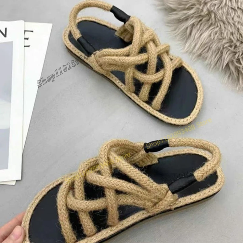 

Khaki Jute Rope Weave Cross Tied Sandals Ethnic Style Flat with Slip on Women Shoes 2023 Summer Fashion Concise Zapatillas Mujer