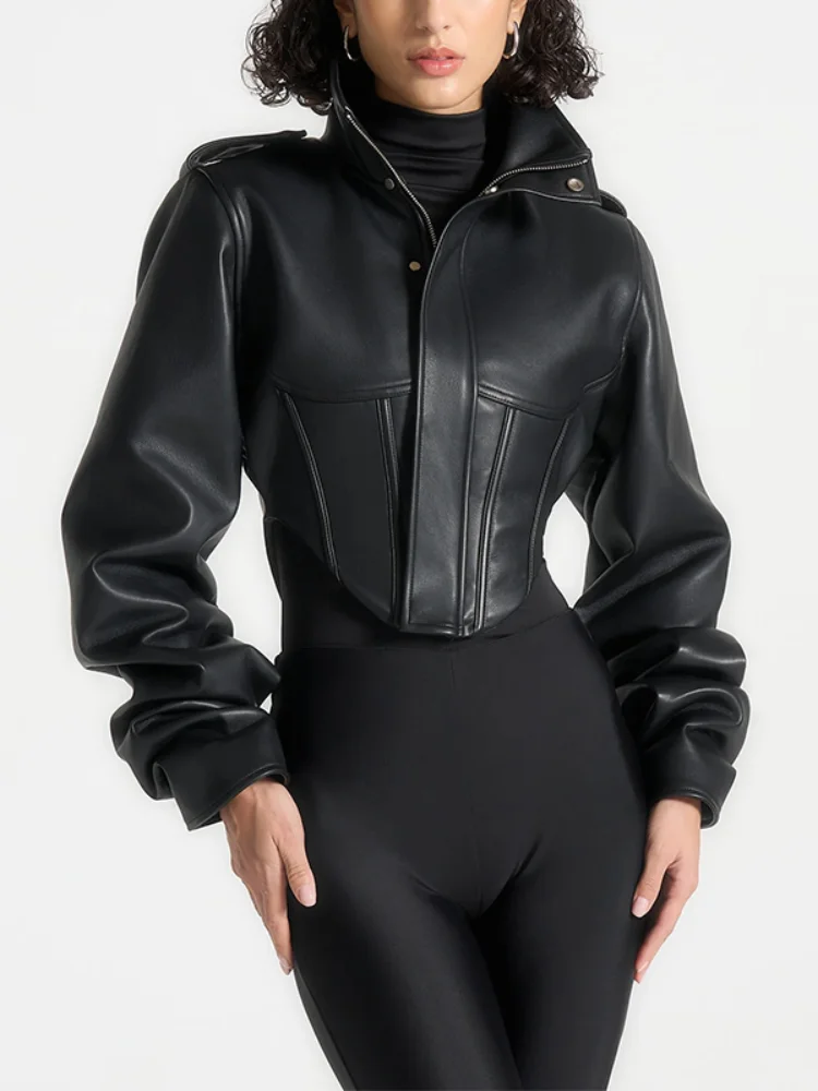 Vintage Women's Cropped Faux Leather Jacket Stand Collar Balloon Sleeve Biker Style PU Leather Coat Streetwear Fashion Outfit
