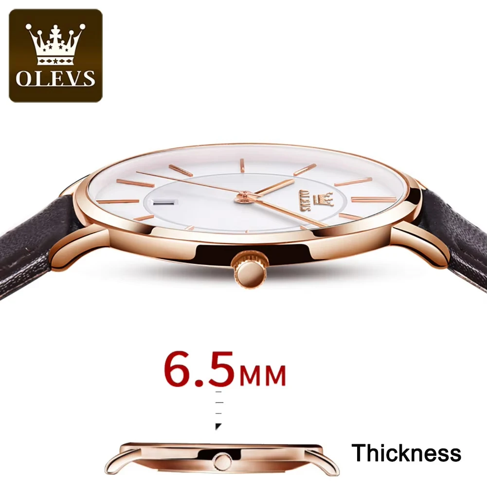 New OLEVS Quartz Watch For Men Ultra Thin 6.5mm Minimalist Waterproof Date Bussiness Watch Fashion Leather Strap Men's Watch