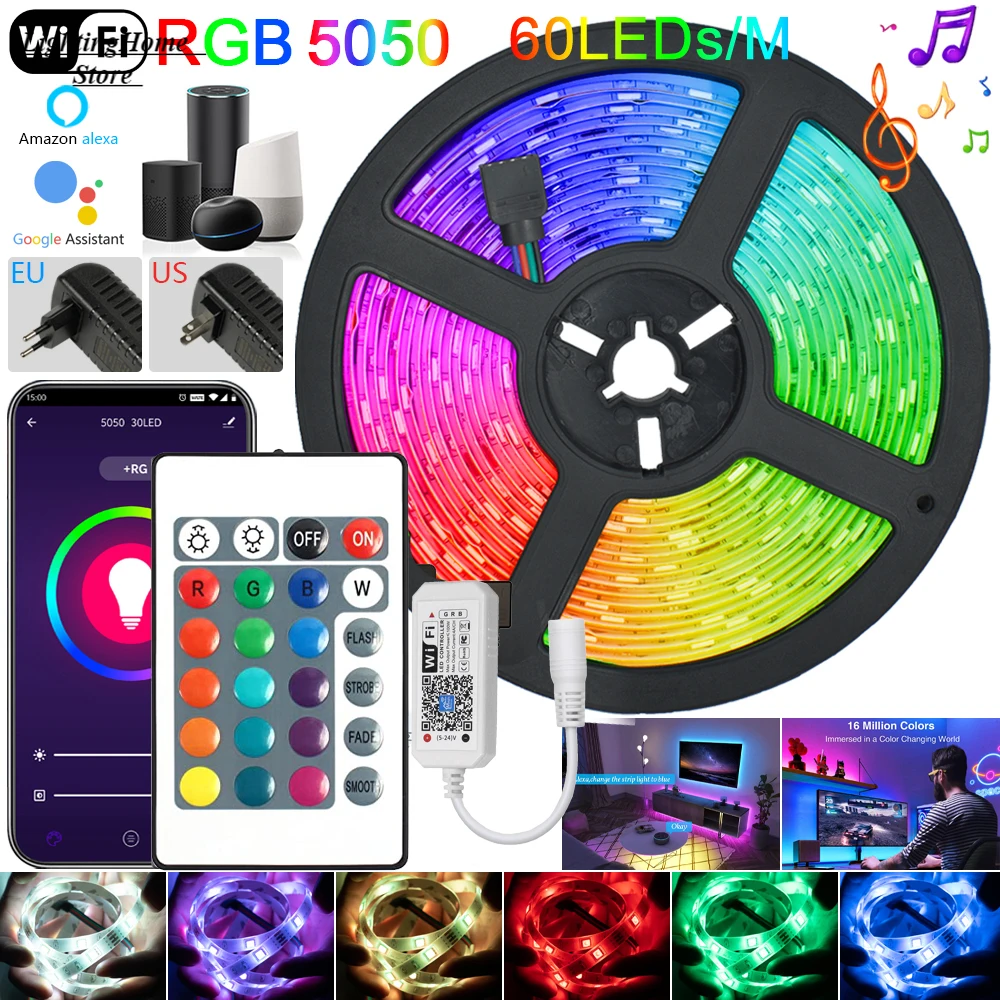 

5 м 60 Светодиодный одов/м WIFI светодиодная полоса освещения s Bluetooth RGB светильник SMD 5050 Гибкая водонепроницаемая лента диодное управление DC + адаптер