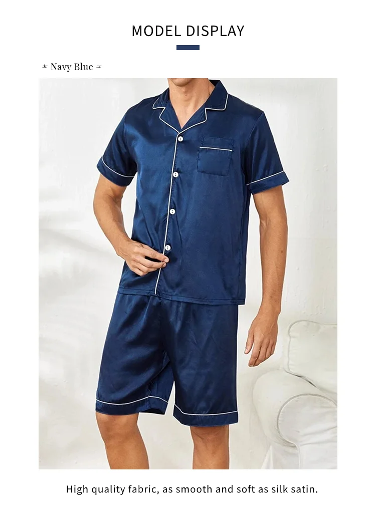 Zweiteiliges Herren-Pyjama-Set aus Satin, lässig, bequem, Pyjama, Knopftasche, kurzärmliges Hemd mit Shorts, Pyjama-Nachtwäsche für Herren – Detail 5