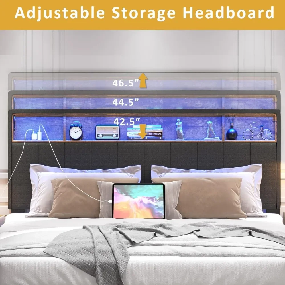 Queen Bed Frame With Storage Headboard Upholstered With Built in Charging Station & LED Dark Grey Platform Bed Frame bed frame