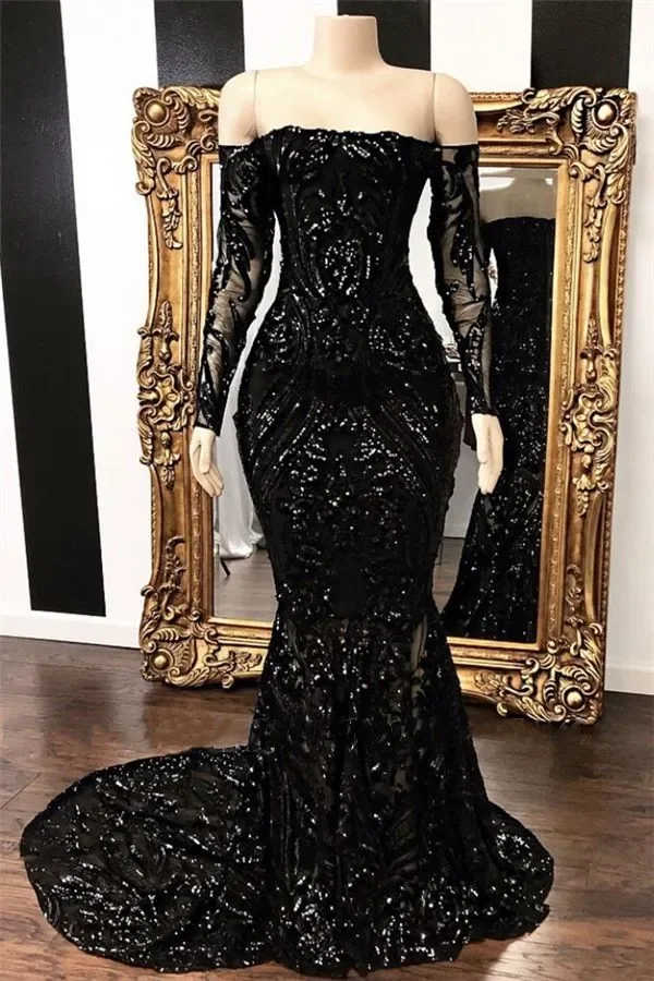 Sequined Bling Evening Dresses Black Mermaid Sexy Court Train Party Prom  Gowns | eBay