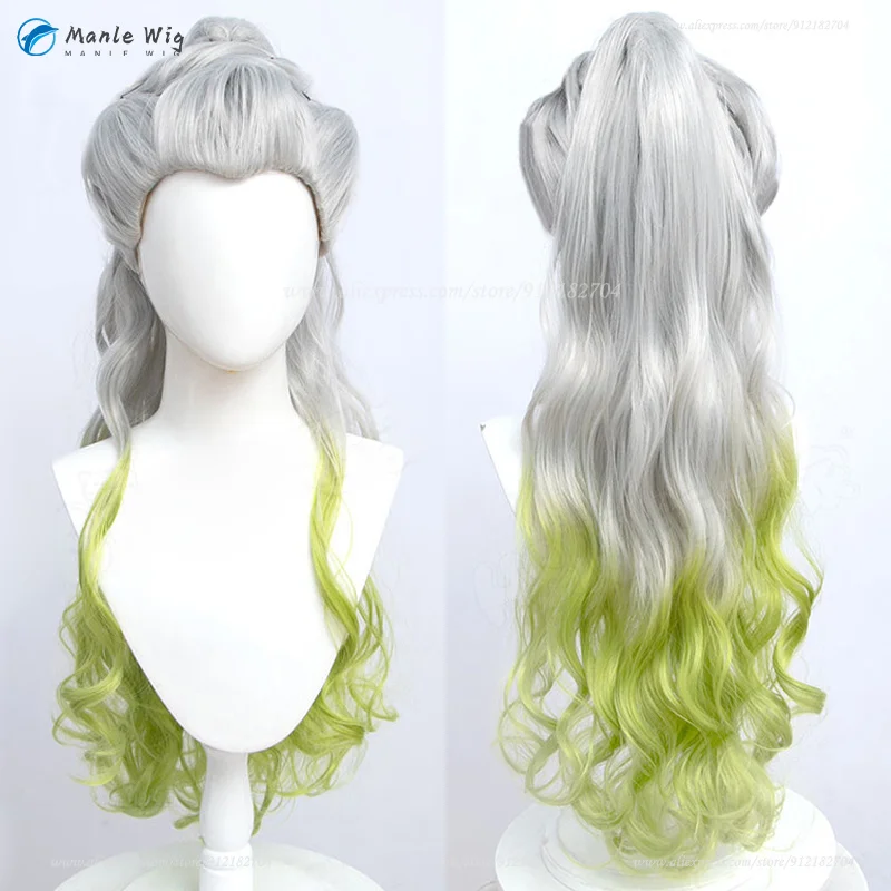 Anime Daki Cosplay Perücke 100cm Grau-Grün Ombre Zopf Hitzebeständig + Gratis Wig Cap 2