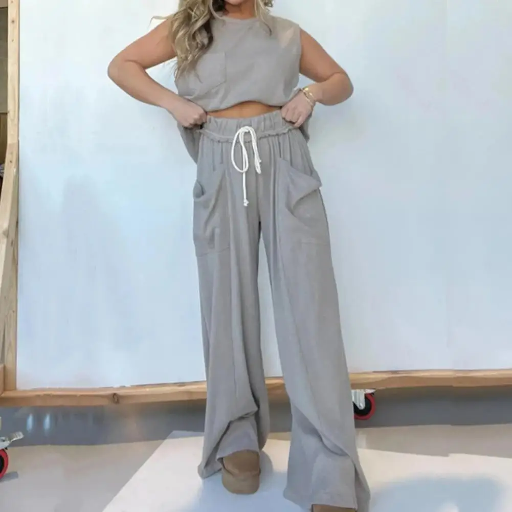 Women Two-piece Suit Women's Vest Wide Leg Pants Set With Drawstring Waist Side Pockets Two-piece Outfit For Comfort Style Women round neck sweater men s round neck solid color sweater with elastic cuff spring fall pullover simple style soft for comfort