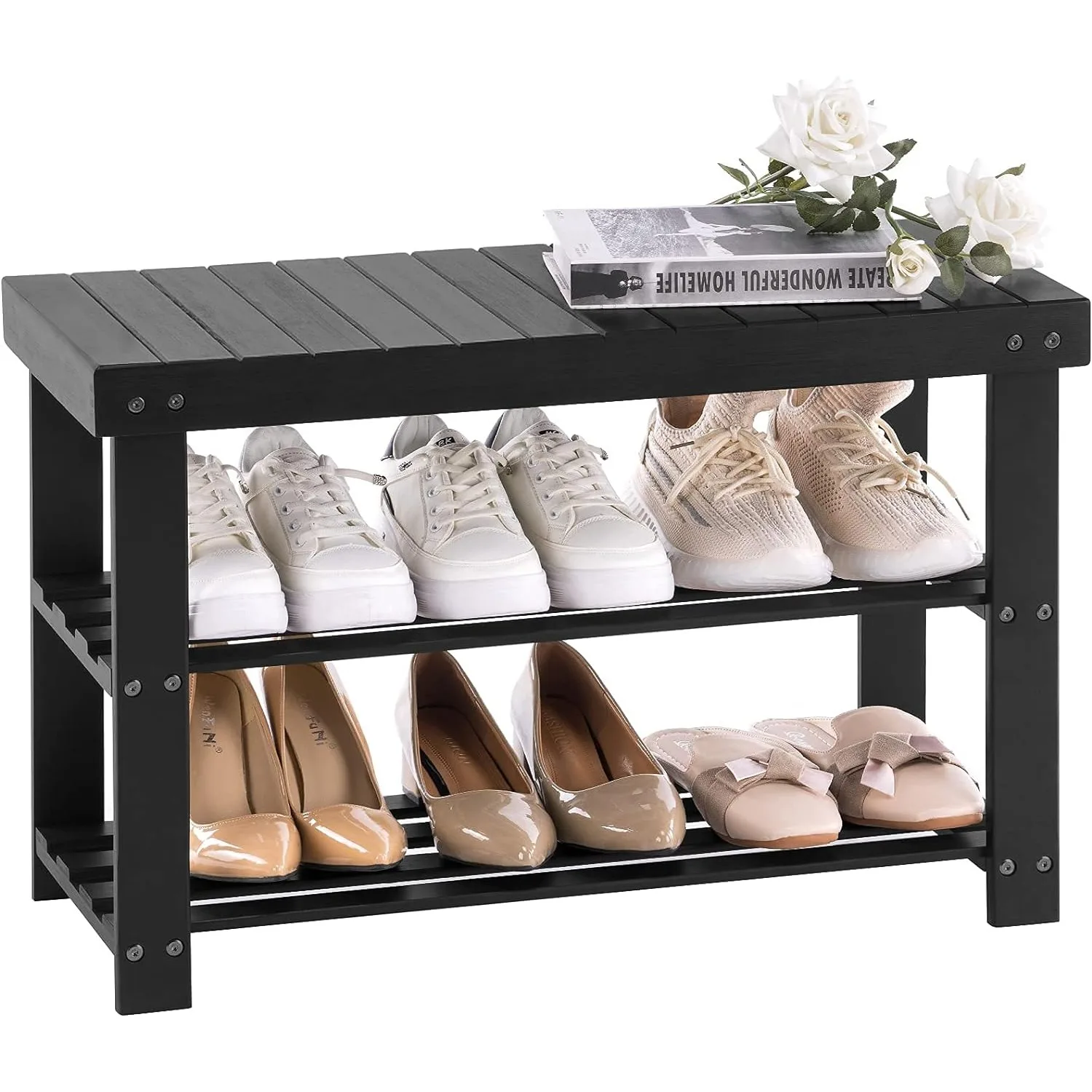 Bamboo shoe rack entryway 3-tier shoe rack bench front door entrance small organizer storage