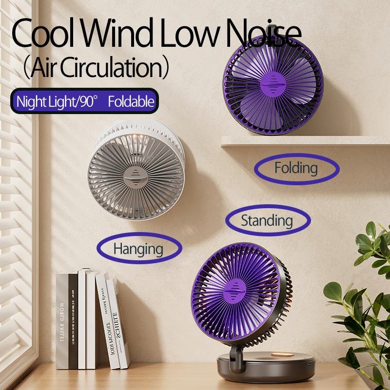 2024 New 5000mAh Rechargeable 3IN1 Multifunctional Portable Fan Wall Mounted Fan 90° Folding Fan 4 Gears With Warm Night Light 4