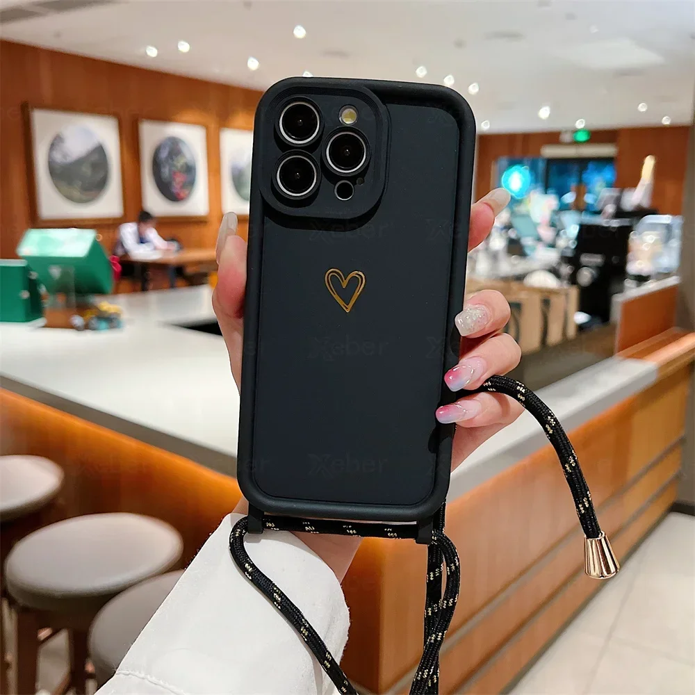 Elegant Love Heart Silicone Phone Case with Crossbody Necklace Strap