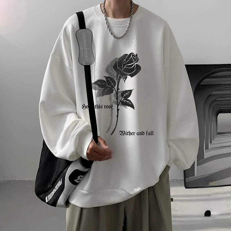 

Men's Autumn and Winter Plush and Thicken Casual O-neck Long Sleeve Suede Rose Printed Sweatshirt Oversize Loose Men Clothing