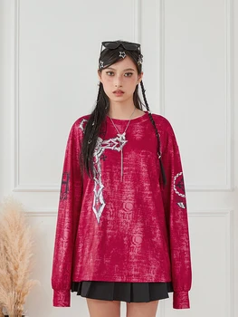 Women's Vintage Graphic Tops Gothic Long Sleeve Round Neck Loose T-Shirts Streetwear Grunge Tops 2