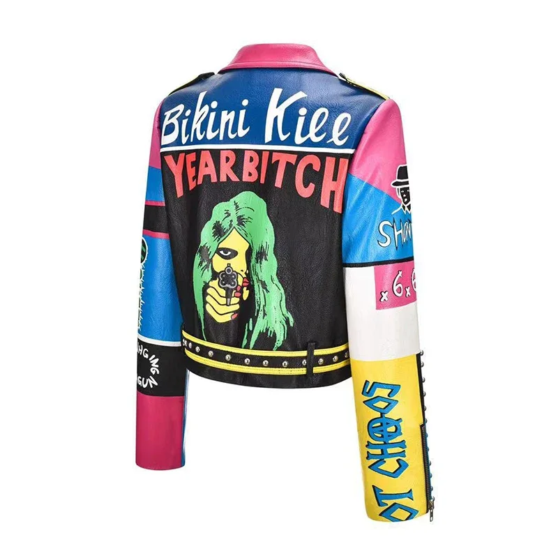 Punk Studded Motorcycle Leather Jacket for Women 2024 Trend Streetwear Graffiti Print Contrast Faux Leather Cropped Jacket