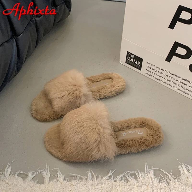 Aphixta Khaki Flat With Furry Women Slippers Rabbit Hair Modern Slides Shoes Soft Fur Slippers Fashion Woman Shoes