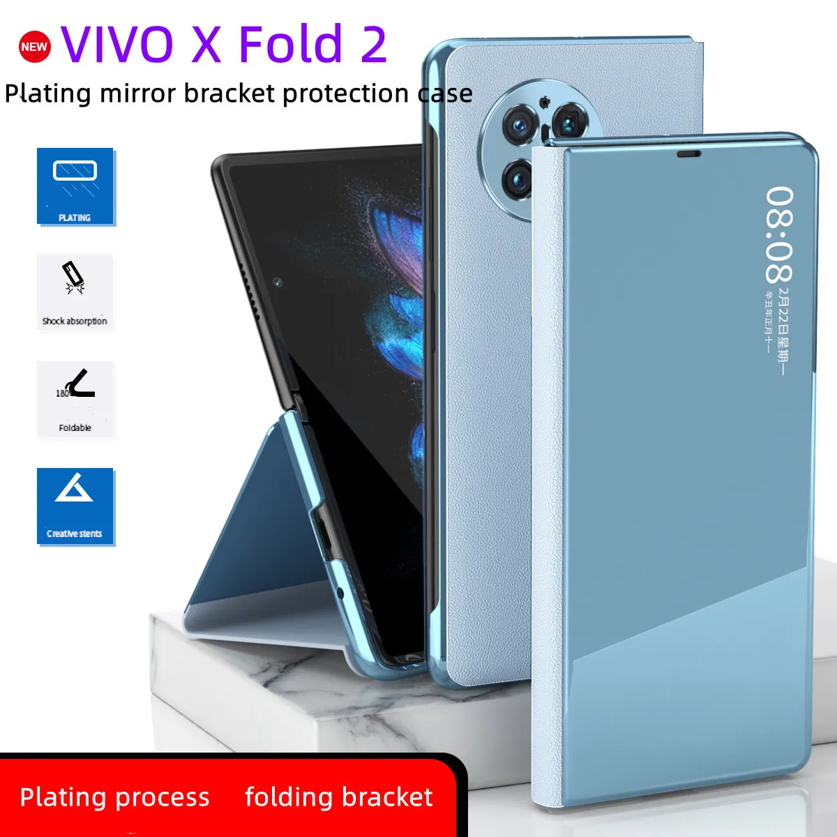 Smart Window Phone Case For VIVO X Fold 2 Plating Mirror Magnetic Suction Bracket Leather Cover Flip, Shockproof Anti-drop Cover