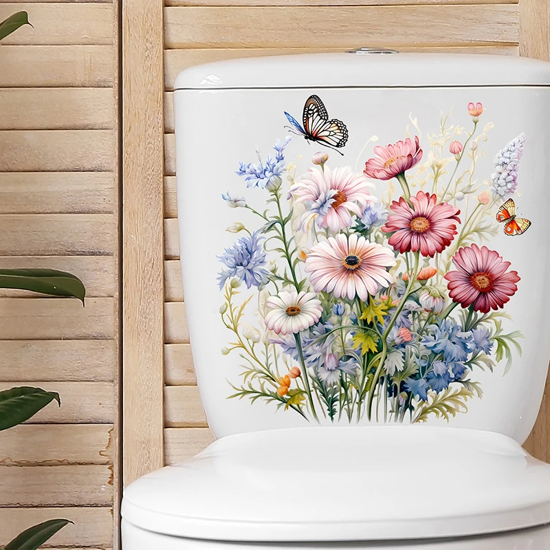 Bathroom Toilet Flower Stickers Minimalist Butterfly Flower Pattern Self-adhesive Paintings Bathroom Living Decorations 1PCS