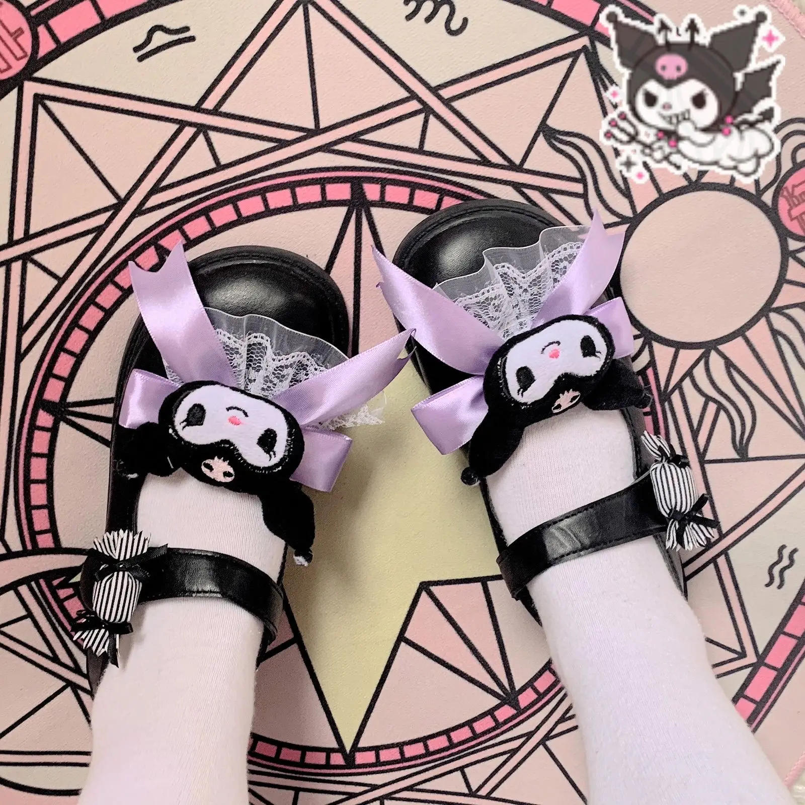 

Anime Sanrio Kuromi Leather Sandal Spring Autumn Cartoon Children Princess Flat Shoes Kawaii Lolita Casual Shoes Girls Gift