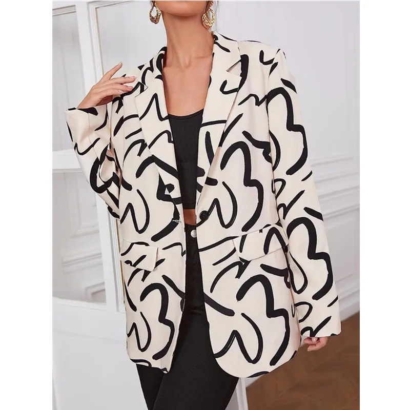 Women's Alphabet Print Lapel Loose Commuter Casual Suit Jacket