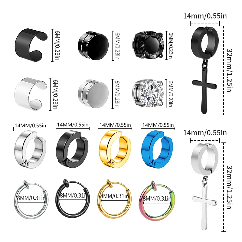 1/16 Pairs Magnetic Stud Earrings Men Stainless Steel Non-Piercing Cross Dangle Hoop Earrings Unisex CZ Magnet Clip on Earring 6