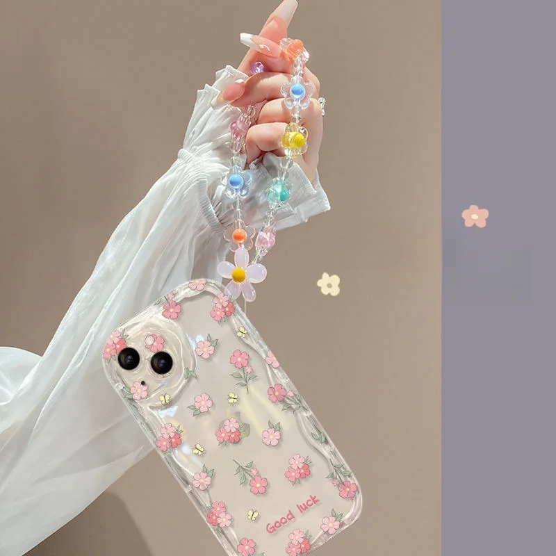 Floral Wrist Chain Phone Case - Elegant Protective Cover with Bracelet Design