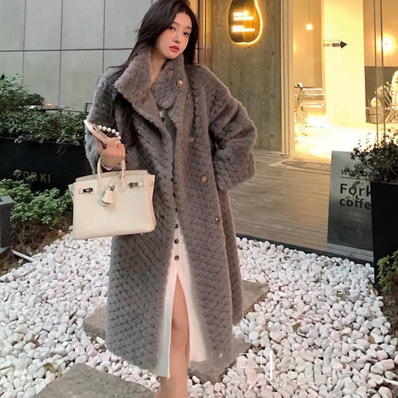 Women Fur Long Coat 2024 Winter Style Stand Collar Lamb Faux Outwear Loose Thick Luxury Design Overcoat Korean Oversized Jacket
